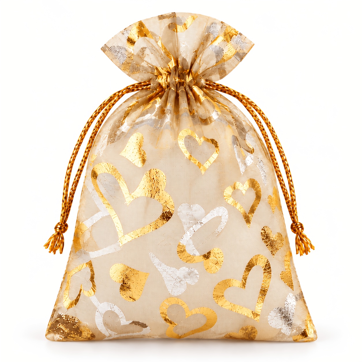 TEMU 100pcs 7x9cm (2.76x3.54in) Organza Drawstring Gift Bags, Foil Heart Print Sheer Favor Pouches For Wedding, Jewelry, Candy, Party & Small Gifts
