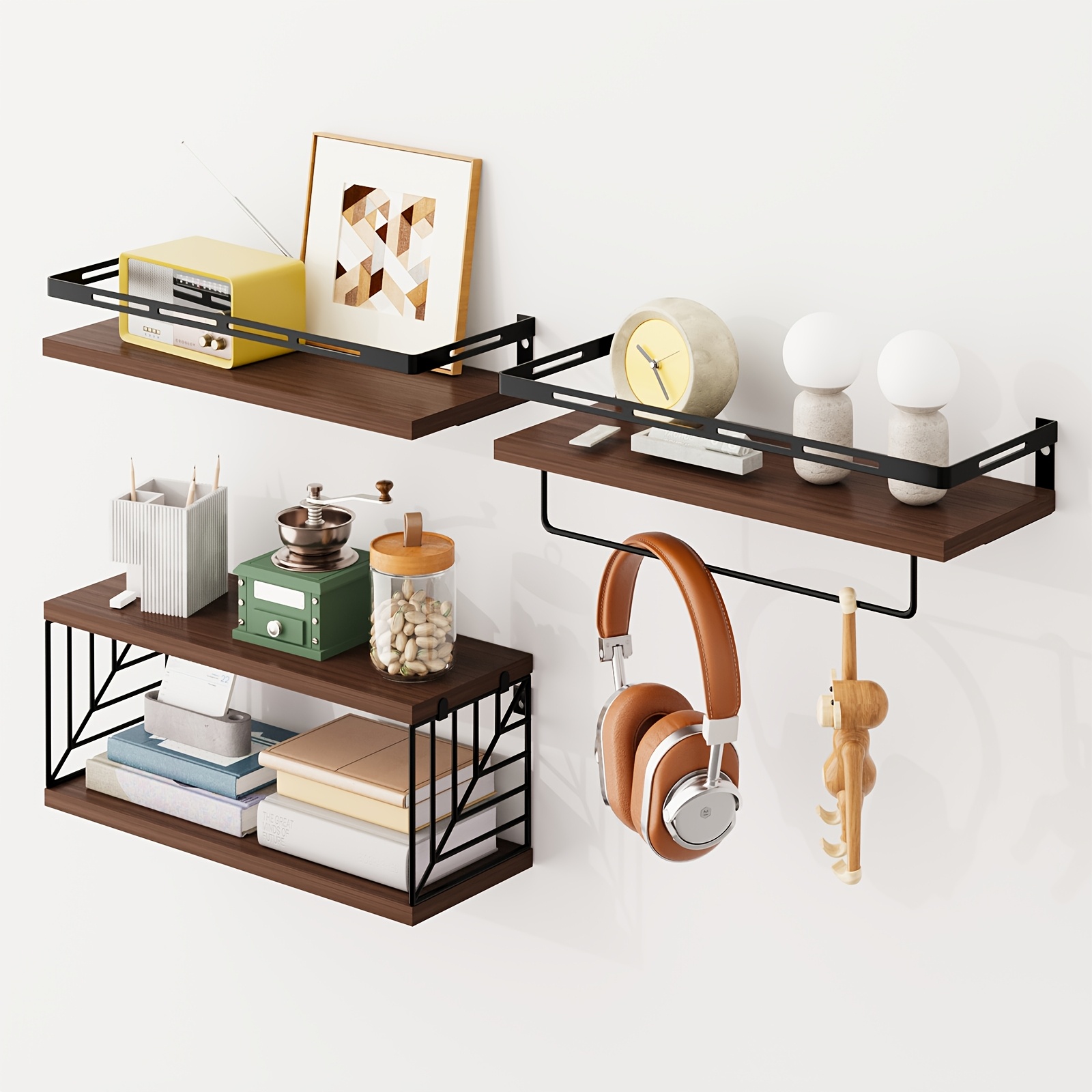 TEMU 1pc (3+1 Tier) Over Toilet Wall Storage Shelf, Space-saving Floating Wall Rack With Metal Frame And Towel Bar, Sturdy Multipurpose Organizer For