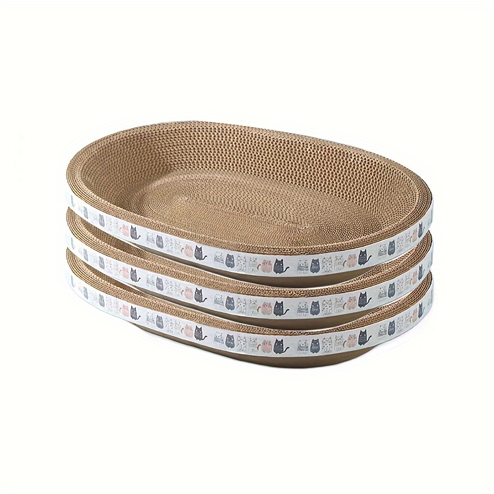 oval shaped cat scratching board and lounge bed made of durable cardboard suitable for indoor cats and kittens providing a comfortable resting area set of 3 Product details 1