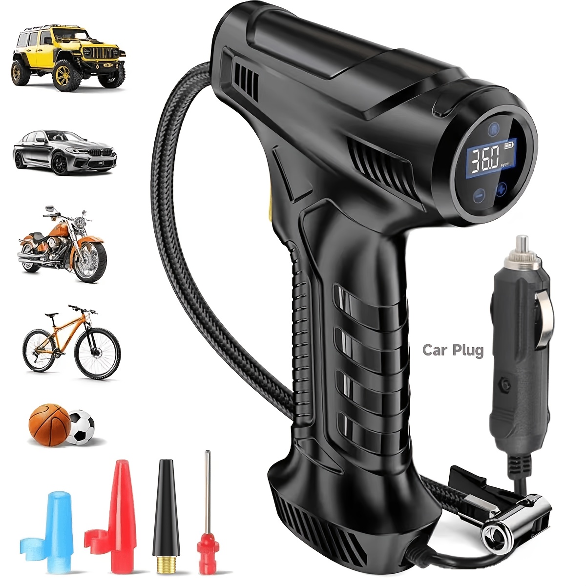 TEMU Portable Tire Inflator, Air Compressor With Digital Gauge, Usb Rechargeable, 3x Fast Inflation For Suv, Cars, Bikes, Motorcycles & Sports