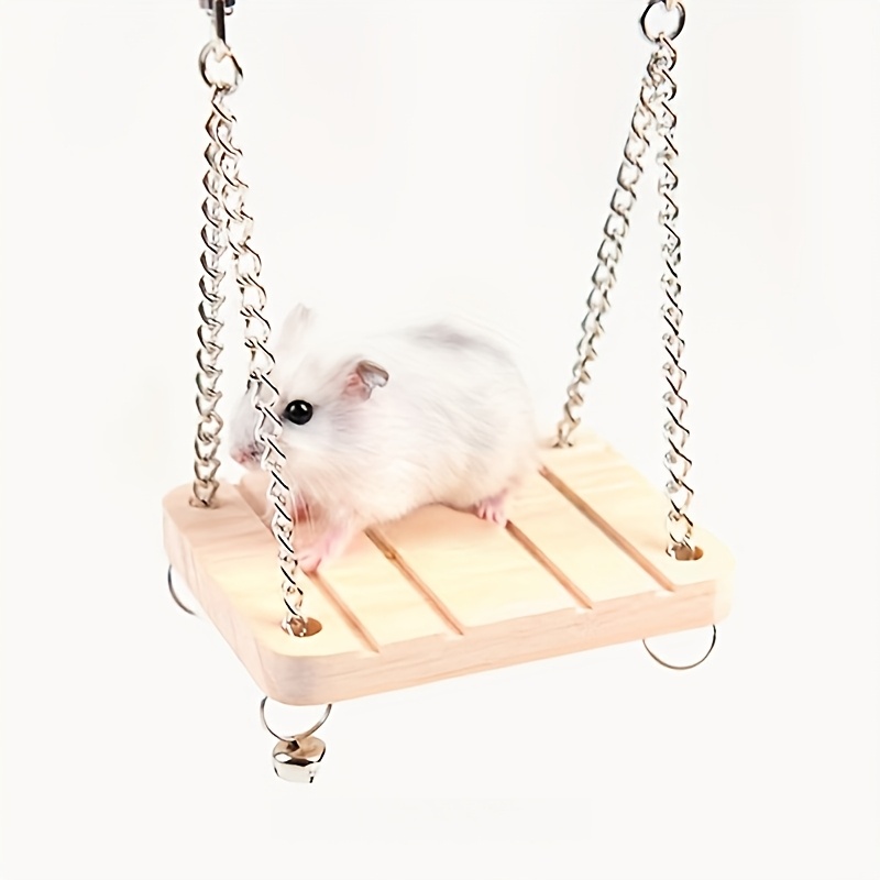 Image of Hamster Toy Bell Swing Hammock, Wooden Pet Parrot Perch, Hanging Wooden Suspension Bridge