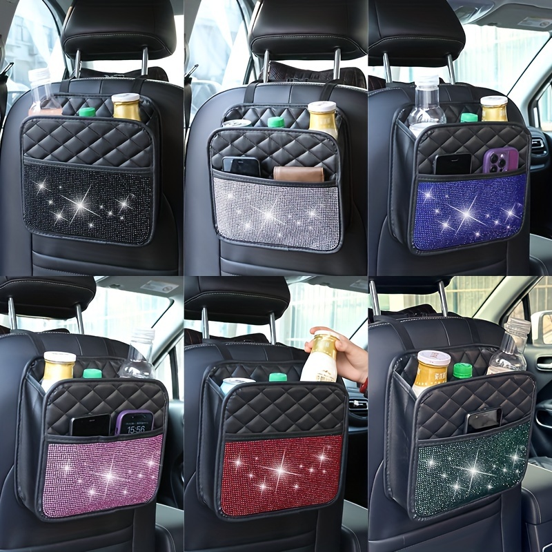 

Sparkling Bling Car Seat Back Organizer - Multi-functional Storage Bag With Artificial Diamonds, Pu Leather, Square Shape - Perfect For Vehicle Interior Decor