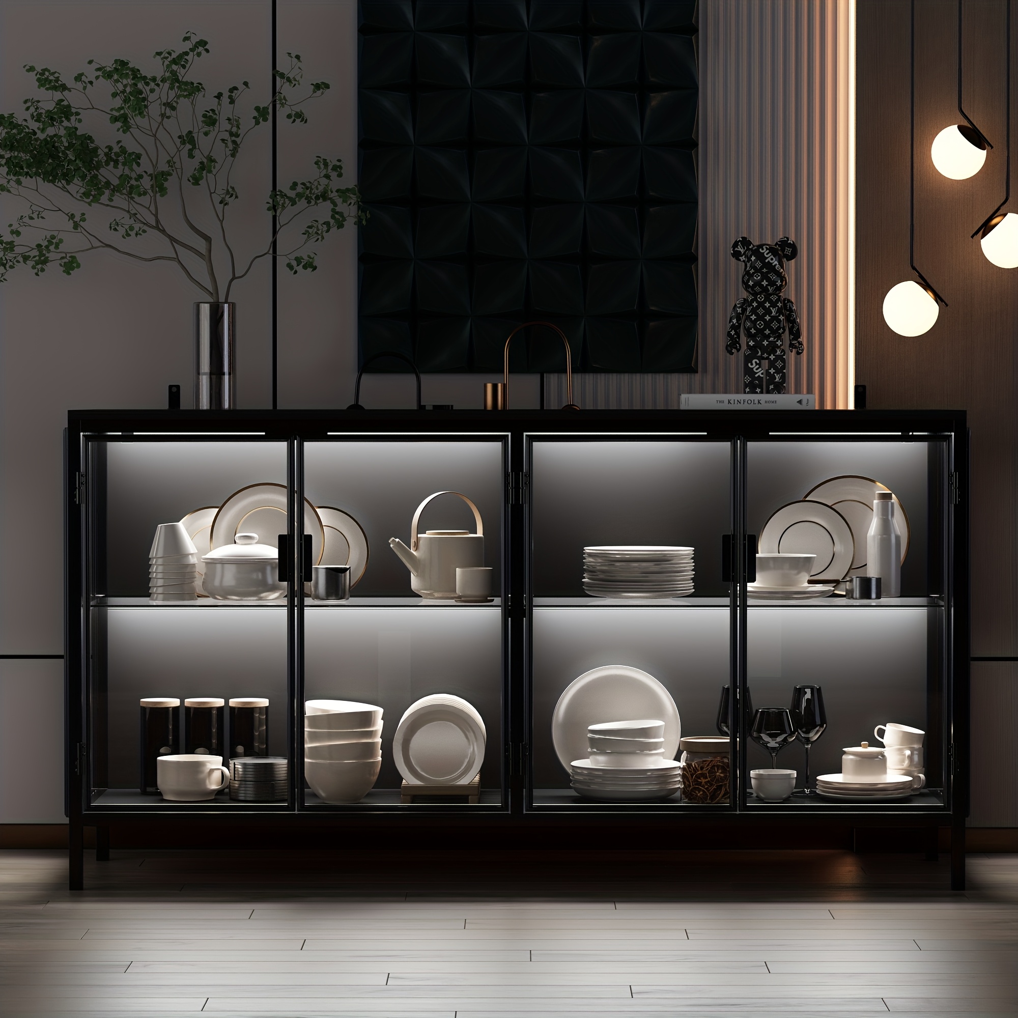 55.1'' Wide Modern Glass Display Cabinet With Adjustable Rgbw/ww/cw/fc- Lights, 4-door Storage Bookcase, Frame & Ic Doors, -, Spacious Countertop - -standing Furniture For Living Room, Dining