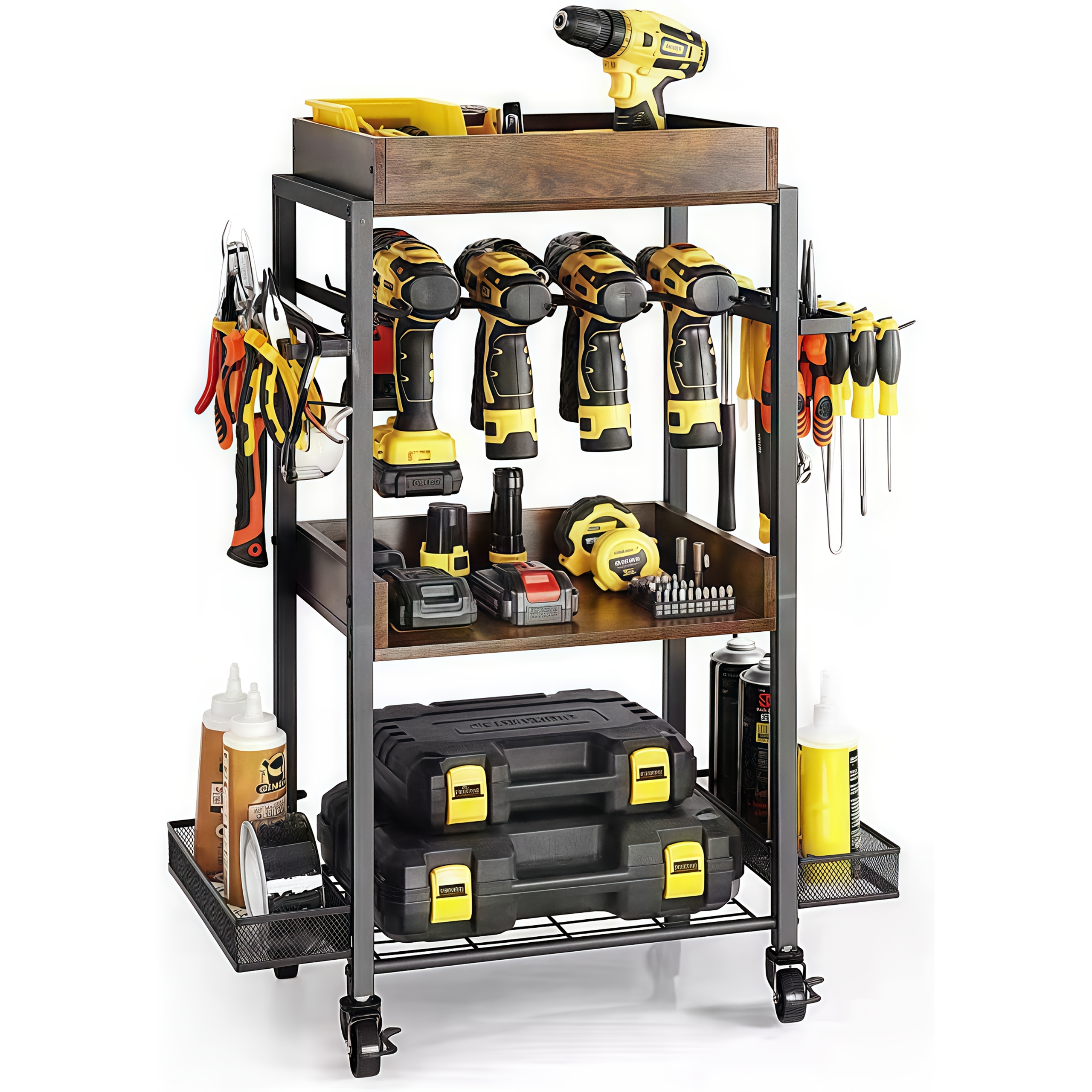4-Tier Heavy-Duty Rolling Tool Storage Cabinet with Lockable Drawers & Open Shelves - Heavy-Duty Iron Construction, 4-Wheel Mobile Base, Tool Organizer Cart with Drill Rack & Tool Holder for Workshop, Garage,   - Space-Saving Shelving Unit with Top Work Surface,  , Open Tool Chest Cabinet with Wheels for  , Ideal for Power Tool Organization, Tool Chest with Drawers, Metal Tool Box, Tool Box Storage, Tool Drawer