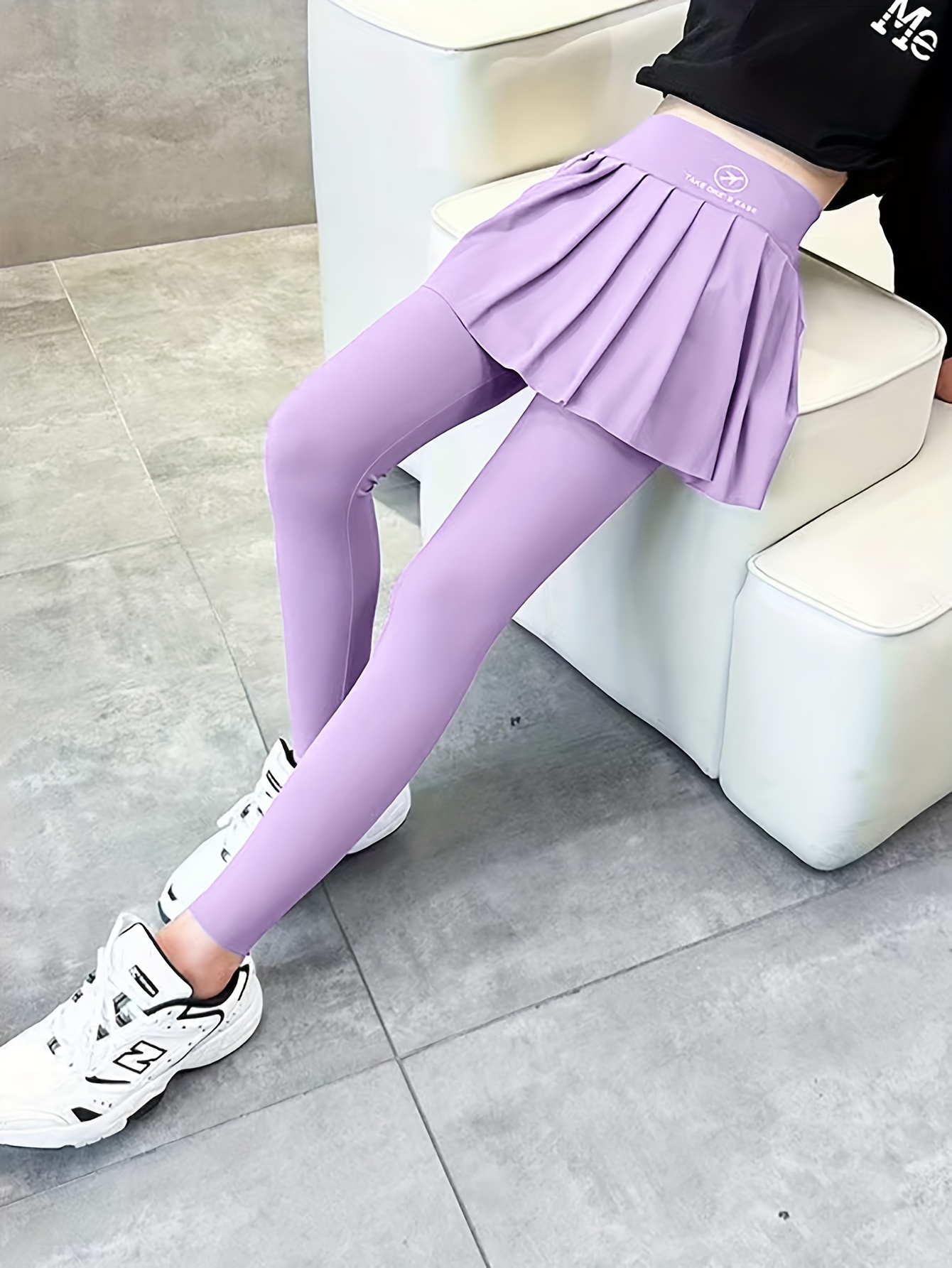 2pcs Girls' Stylish Yoga Sports Leggings *' Skort with Pleated Skirt  Detail, High-Waisted, Stretchy Nylon/Spandex Blend, Non-See-Through