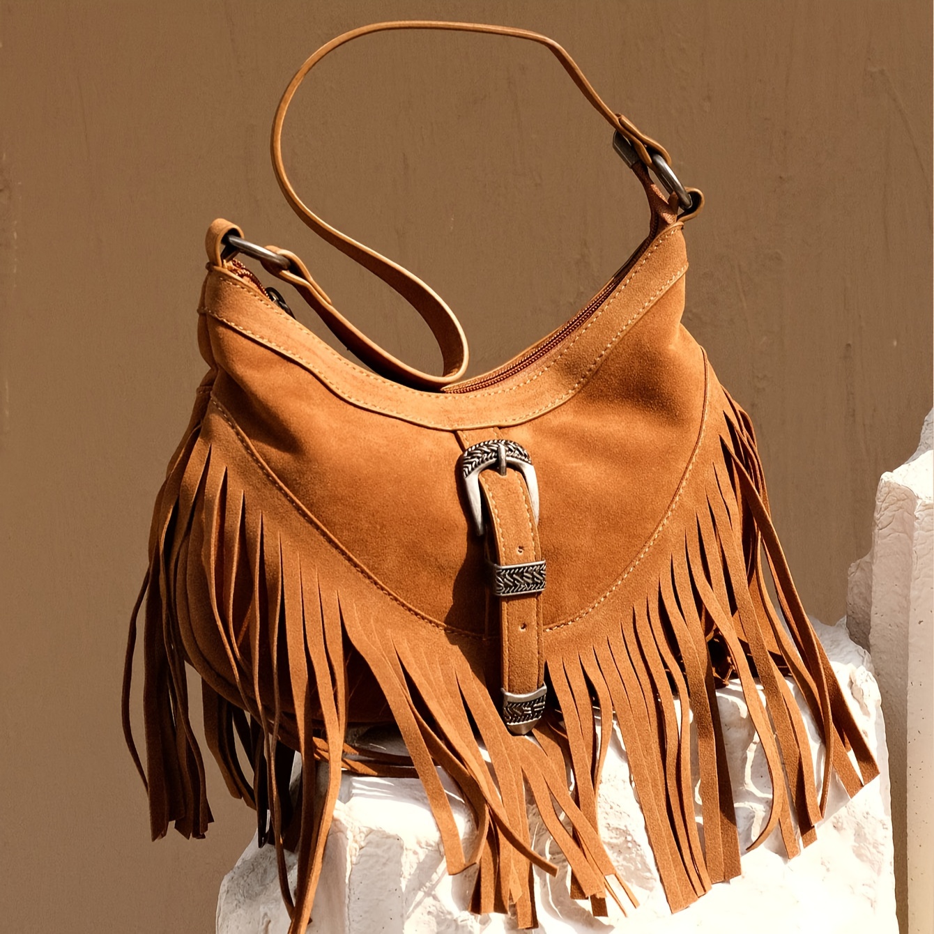 

Vintage Suede Frosted Large Capacity Crescent Tote Bag With Tassel And Button Closure, Dumpling Armpit Crossbody Bag