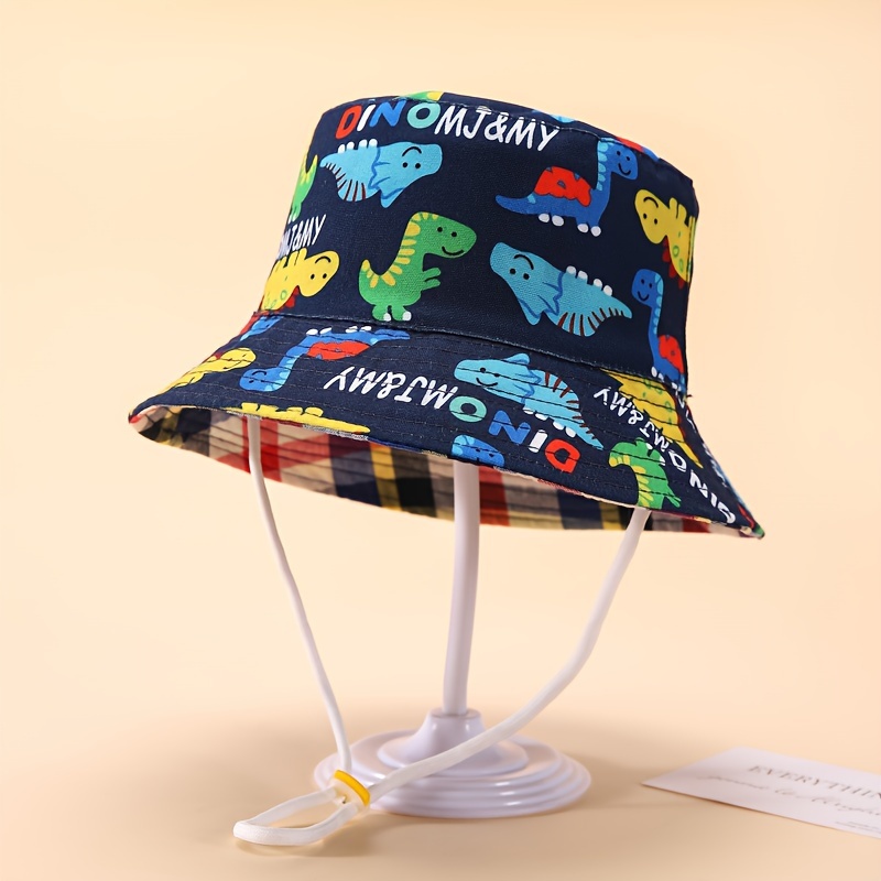 

Kids Reversible Colorful Dinosaur Print Bucket Hat, Plaid Pattern Cotton Uv Protection Duckbill Cap, For Boys Girls