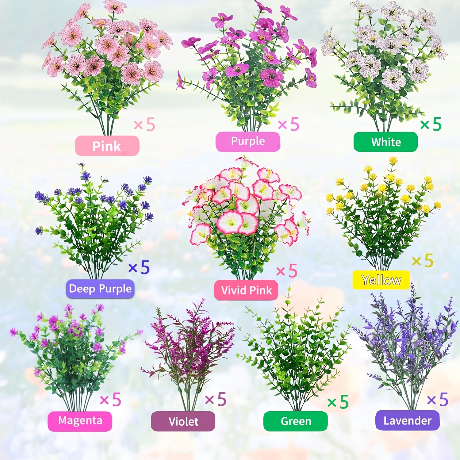 TEMU 50 Bundles Of Outdoor Artificial Flowers - Violets, Camellias, Grass, Eucalyptus Leaves, And More. Uv-resistant, Realistic Faux Flowers That