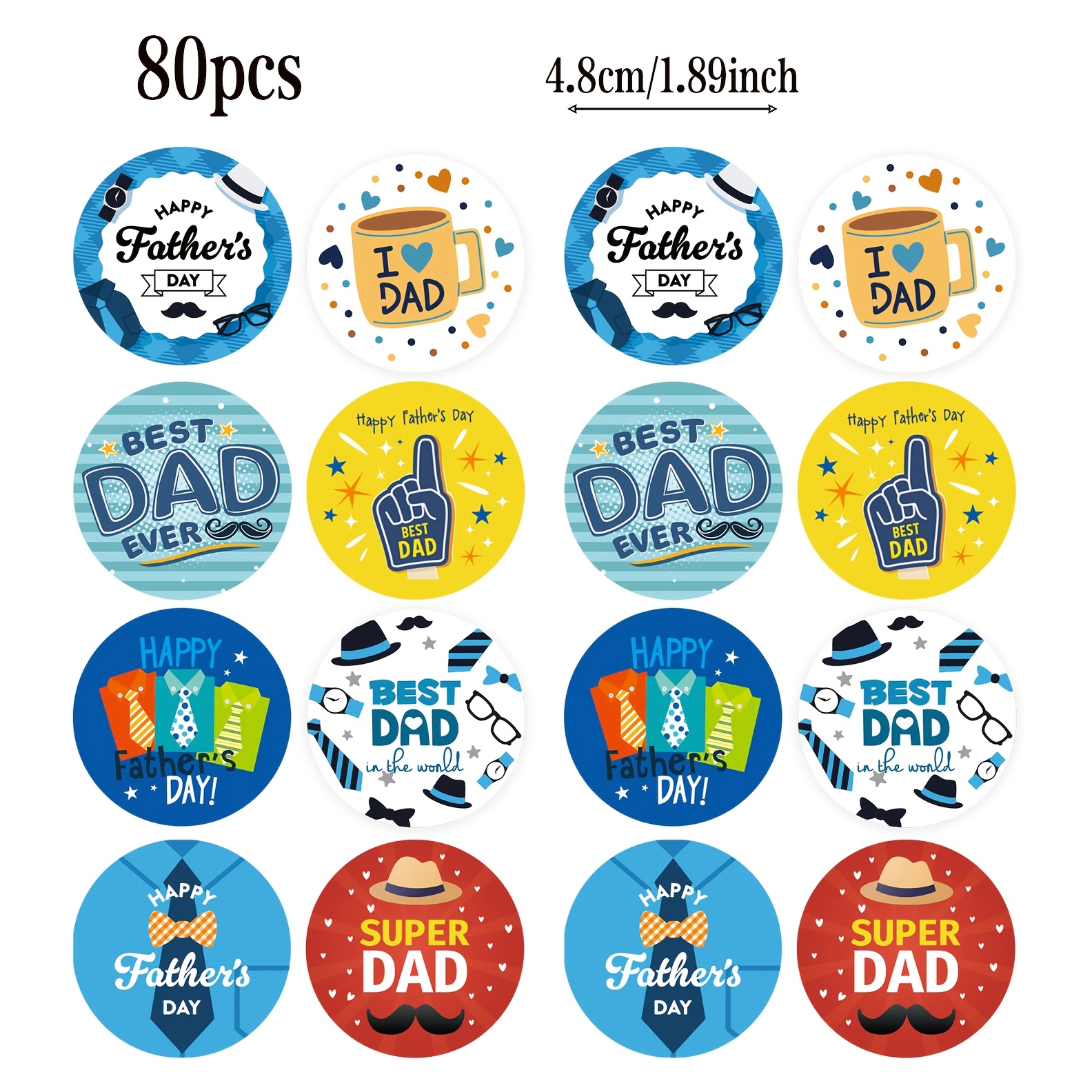 TEMU 80pcs Paper Father's Day Round Stickers, 8 Styles Stickers, Happy Father's Day, Beard And Hat, Best Dad, Bouquet Gift, Adhesive Labels, Gift,