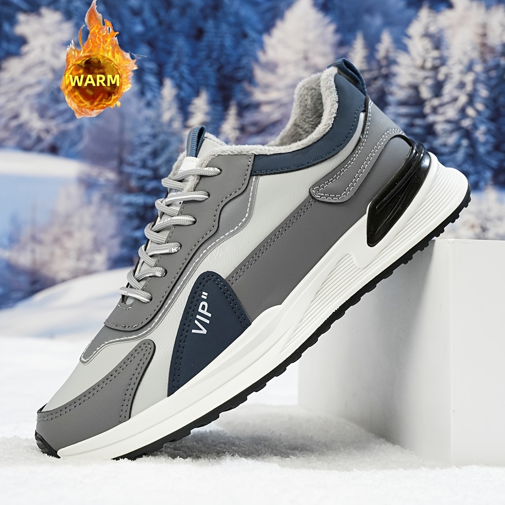 

Men's Warm Fleece-lined Casual Sneakers - Autumn/winter, Low-top Lace-up, Grey With Blue Accents, Comfortable Outdoor Sports Shoes