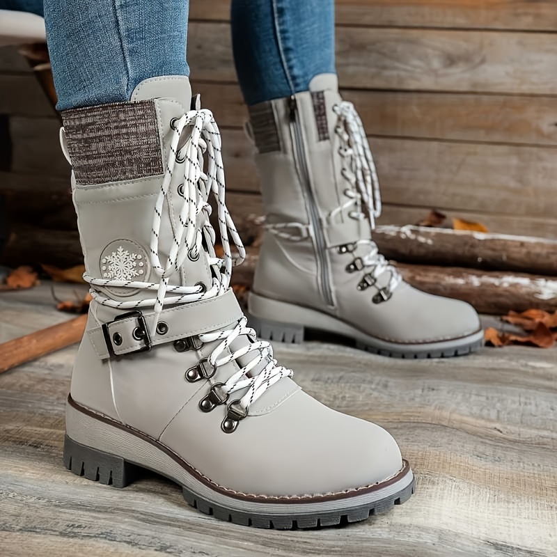 Image of Women Vintage Knit Trim Mid-calf Winter Combat Boots, Lace- Zipper Warm Lined Snow Boots, Thick Tpr Weather Casual Outdoor Walking Boots, Women Shoes