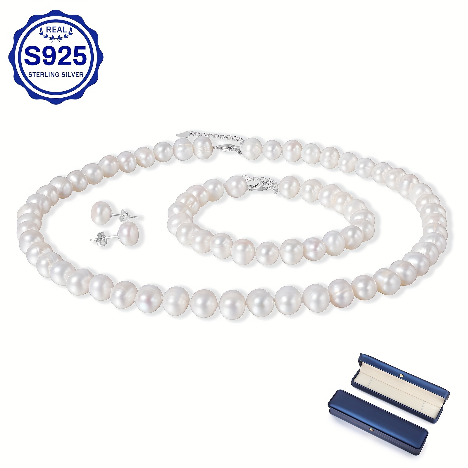 freshwater pearl jewelry set necklace bracelet earrings crafted with 925 sterling silver ideal for   on mothers day anniversary birthday 18 2 inch 7 7 5mm details 1