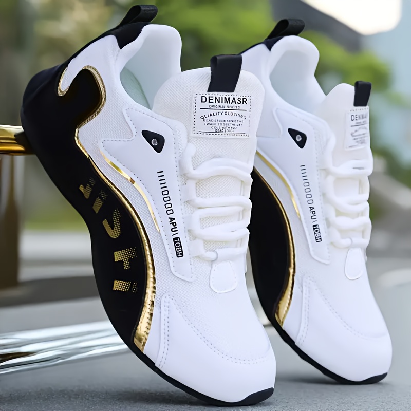 Tenis casuales MAINALUN para hombre, corte bajo con detalles dorados, suela de PVC antideslizante y cómoda, forro de tela transpirable, versátiles para todas las temporadas: exteriores, running, entrenamiento y skateboarding, diseño con contraste elegante, calzado deportivo duradero