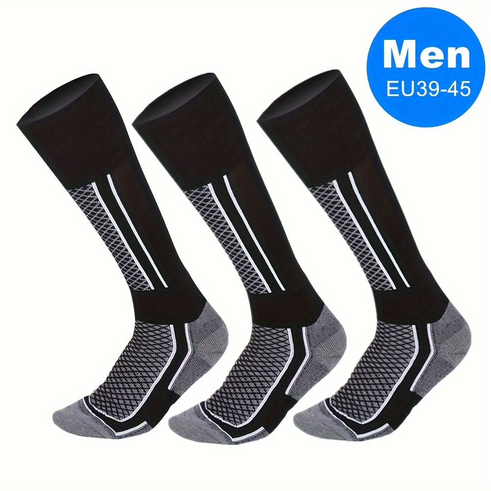 TEMU 3pcs Thick, Warm & Breathable Knee-high Sports Socks For Skiing, Hiking & Running - Striped, Polyester/nylon Blend