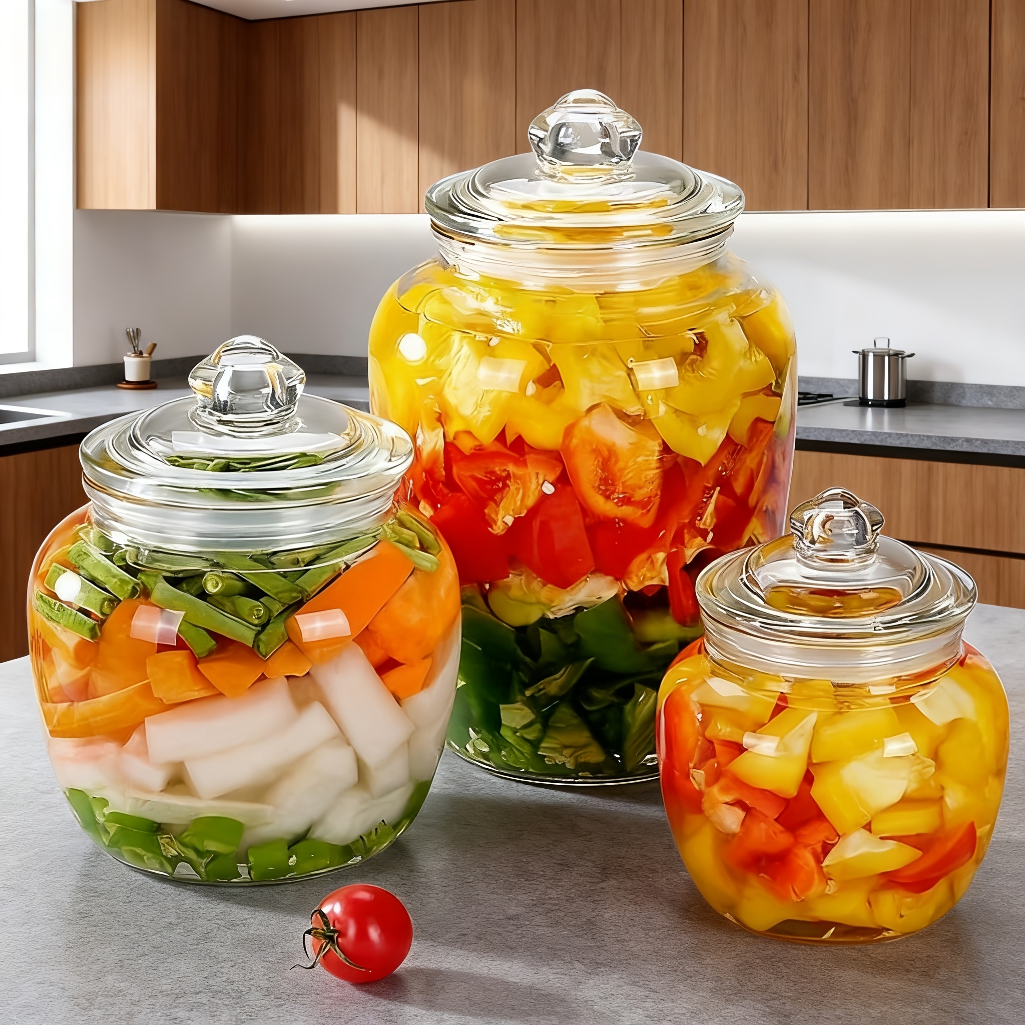 Image of 3pcs Large Capacity Thickened Glass Sealing Jars With Lids - Perfect For Kitchen And Dining Room Pickling Jars, Kimchi Crocks, Mason Jars, Honey Jars, Fermenting Pickles, Curing, And Grain Storage