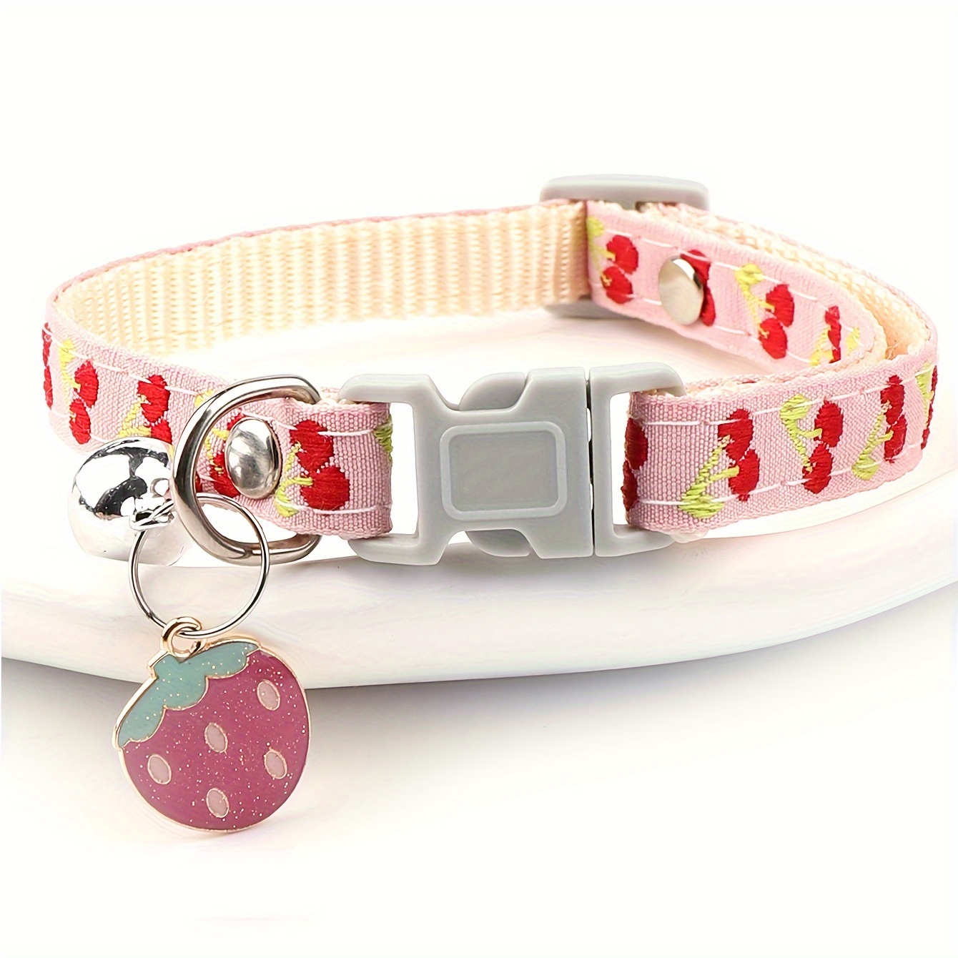 

[cat Accessory] Adjustable Strawberry & Cherry Embroidered Pet Collar With Safety - Polyester, Cute Fruit For , Cat Collar