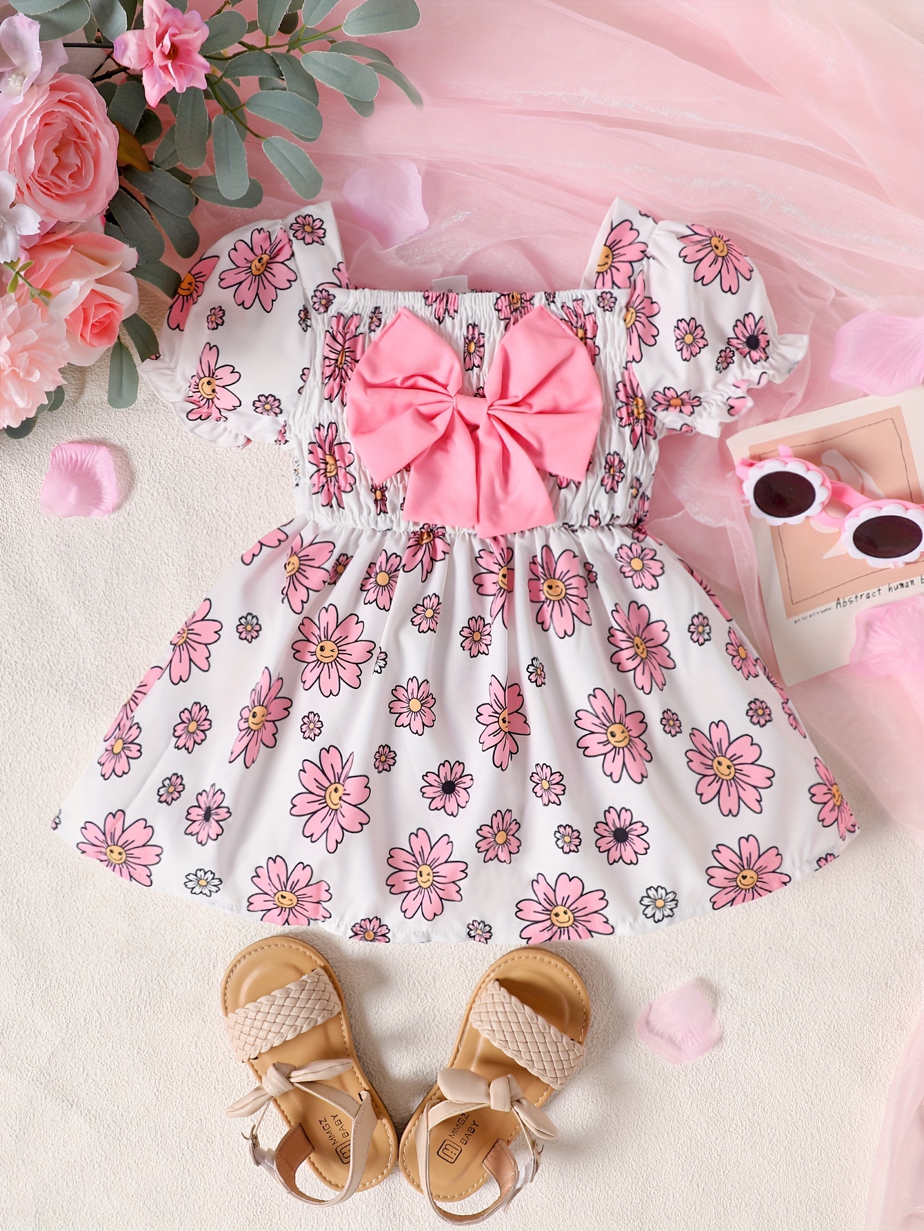 Baby's Bowknot Decor Neck Shirred Dress Lovely Puff - Temu