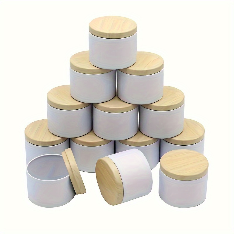 

12-piece 4oz White Tinplate Candle Jars With Wood Grain Lids - Diy Candle Making Containers, Empty Metal Tins For Crafting & Storage, 114ml