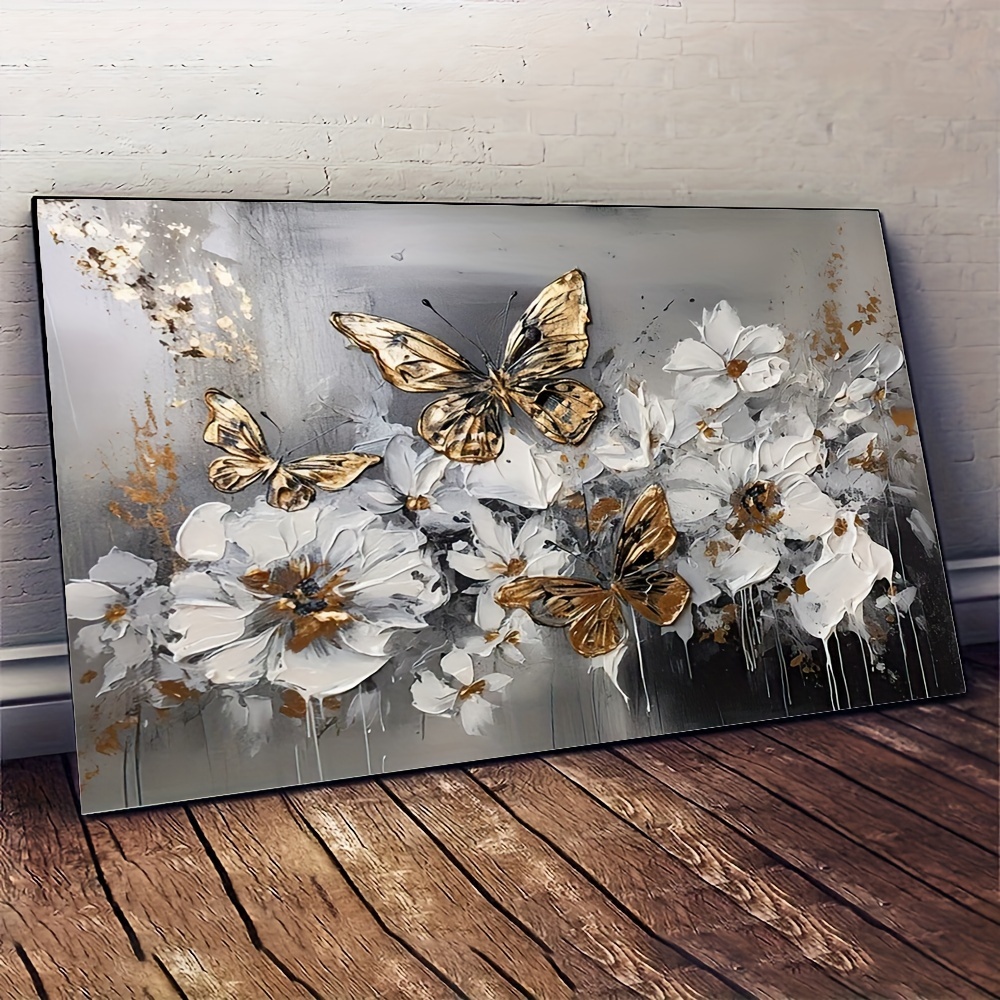 

Frameless Modern Abstract Golden Butterfly Floral Canvas Wall Art, White Blooms Print Decor For Living Room And Bedroom, 31.49x47.24 Inches - Use Without Electricity