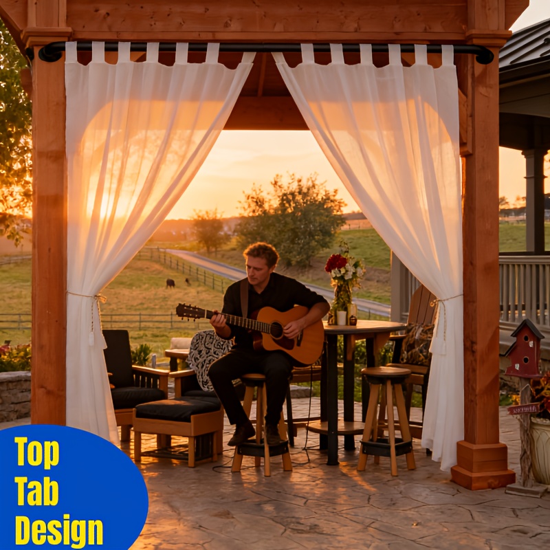 Outdoor Curtain For Patio, Detachable Sticky Tab Top For Easy Hanging & Unsling, Outside Porch White Sheer Drape Indoor Outdoor Deck, 1 Curtain Rope, W 54 X L 84 Inch Long White 1 Panel