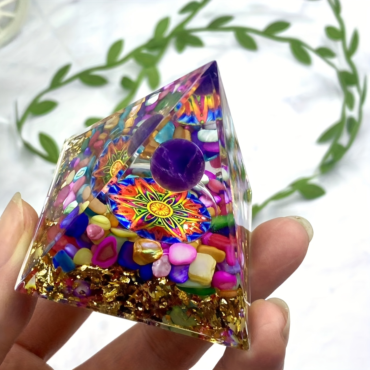 1pc Amethyst With Quartz Golden Pyramid, Home Decor