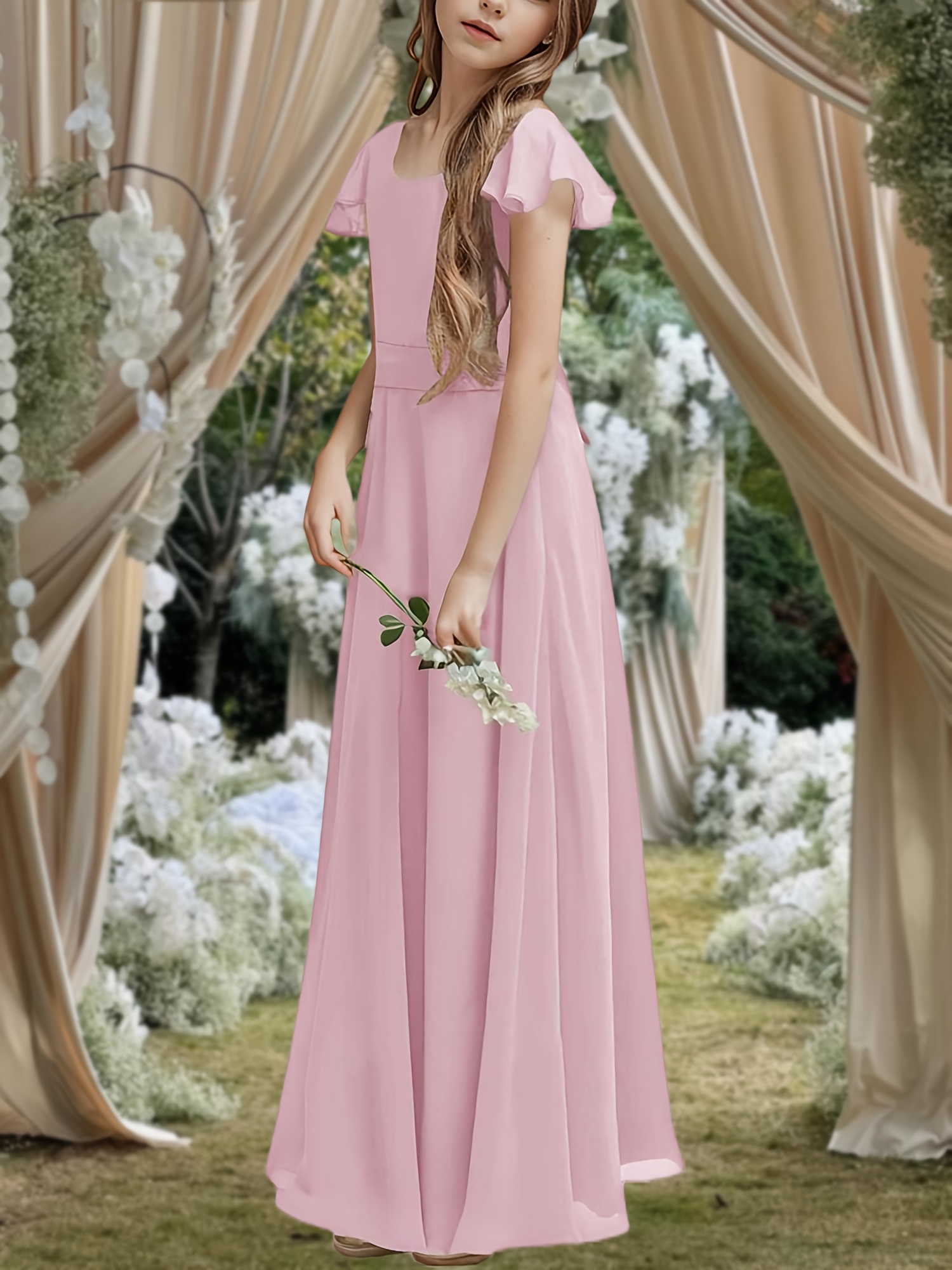 bridesmaid dresses with matching junior dideyttawl Junior Bridesmaid Dresses Ruffle Sleeve Square Neck Chiffon A-Line Flower Girl Dress with Slit 2508, Light Blue / 8 main image 0