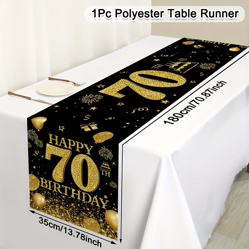Image of 70th Birthday Table Cover With - Shiny Glitter Golden & Black Elegant Centerpiece For Old Party Decorations, Polyester Tablecloth For Anniversary, For 70th Birthday Party, Picnic, Dining Table