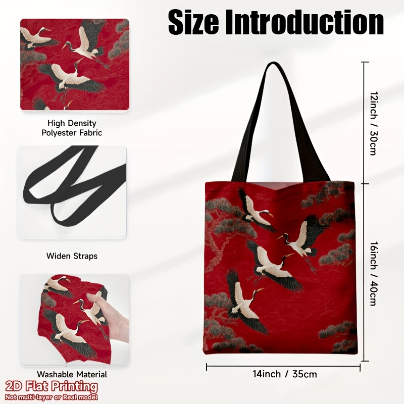 TEMU 2d Flat Printing, 1pc White Flying With Pine Trees On Red Background Tote Bag, Women's Fashionable Shoulder Bag, Lightweight Large Capacity