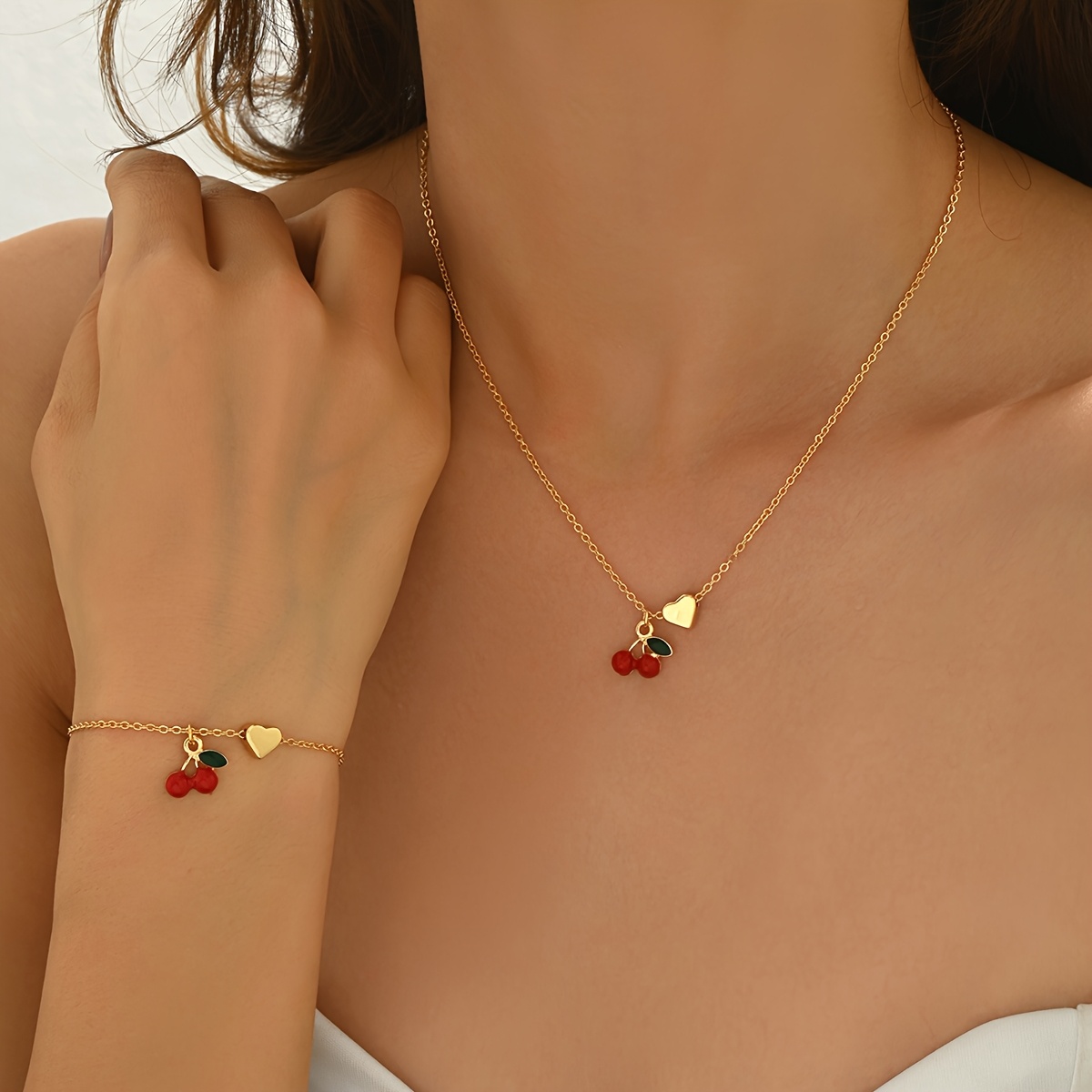 2pc Cherry Heart Bracelet Necklace Set
