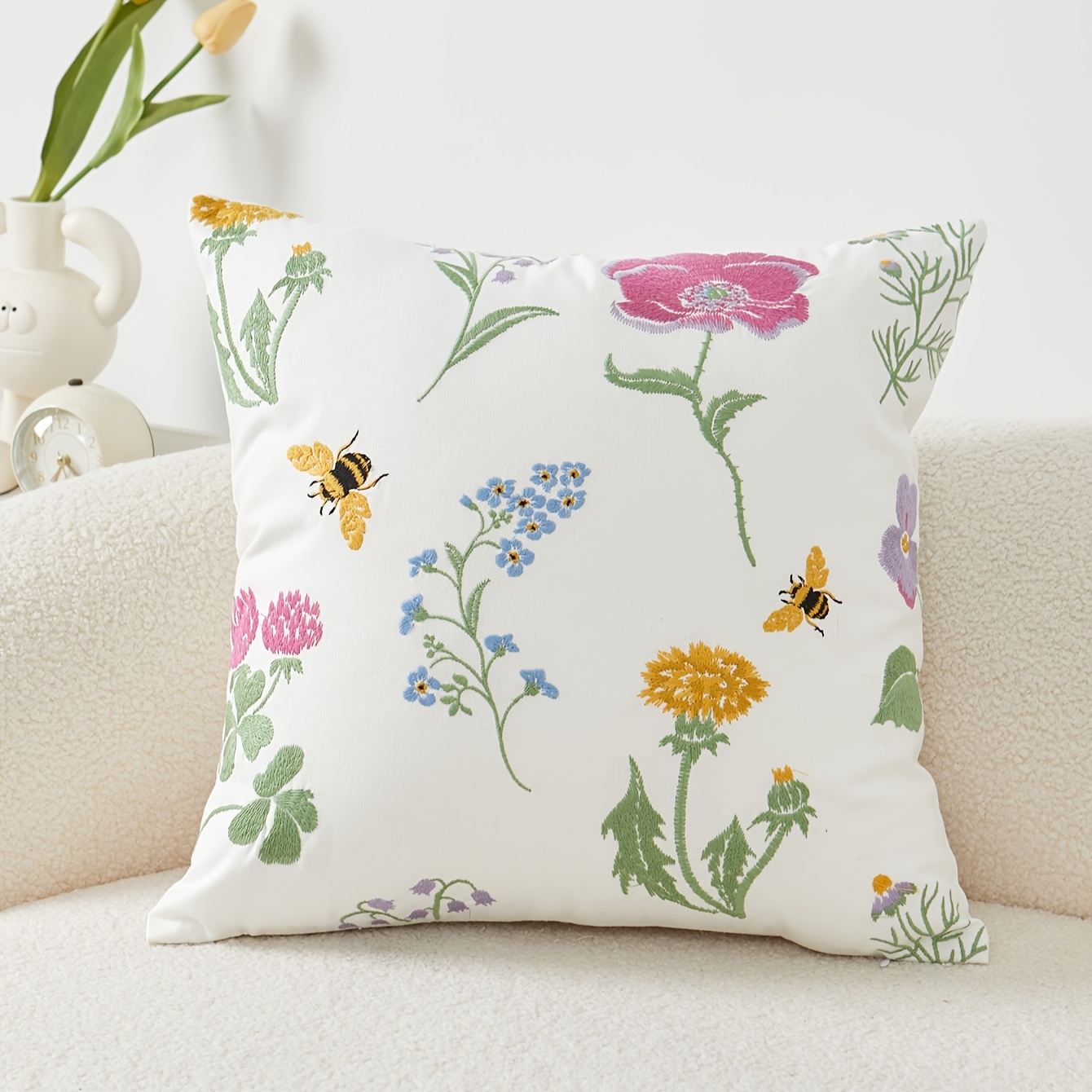 Image of Countryside Style 3d Embroidered Pillow Cover Featuring Mushrooms And Sunflowers For Spring And Summer, Perfect For Home Decor In Living Rooms, Bedrooms, And Parties