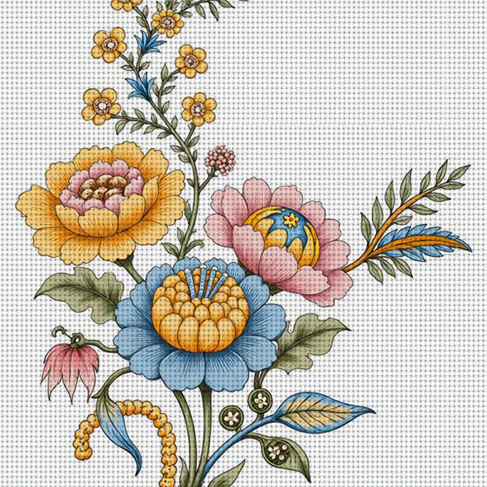 Cross Stitch Printed Kit, Frameless Colorful Floral Illustration