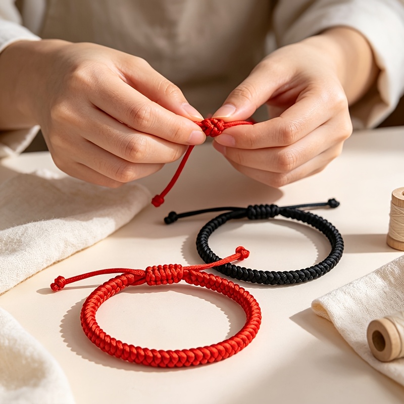 Bright Red and Solid Black Hand-Woven Lucky String Bracelets