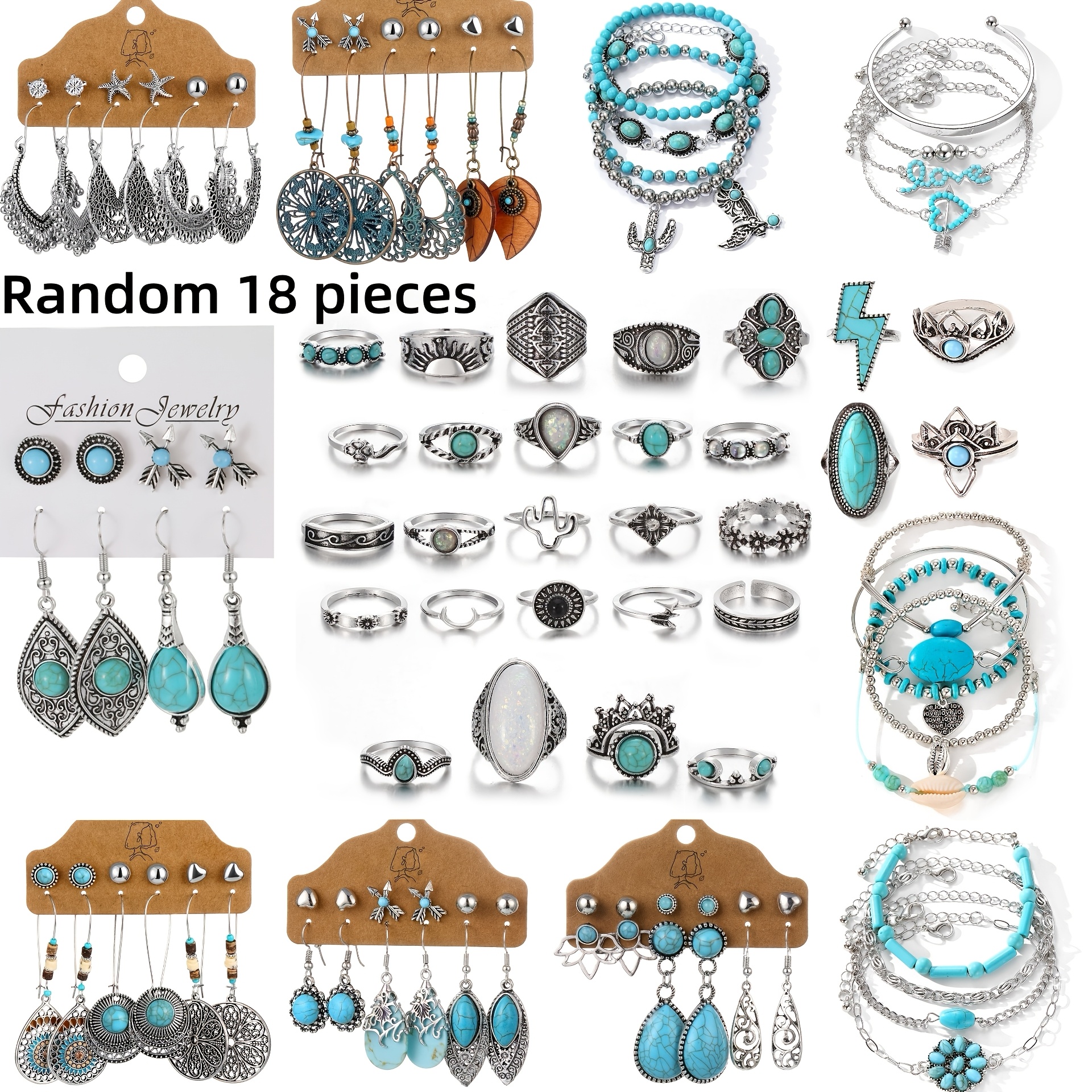 TEMU Ensemble de bijoux bohèmes pour femme 18/34/57 pièces aléatoires, , luxueux, élégant, haut de gamme, turquoise verte, éclair, couronne, fleur,