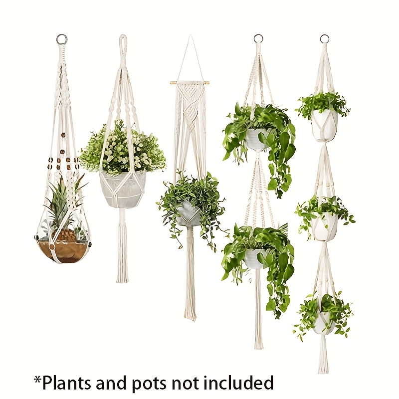 TEMU 5 Pack Macrame Plant Hangers Set With Beads, Handmade Cotton Rope Hanging Planters For Indoor Outdoor, Includes Wood Stick & 2/3 Tier Tiered