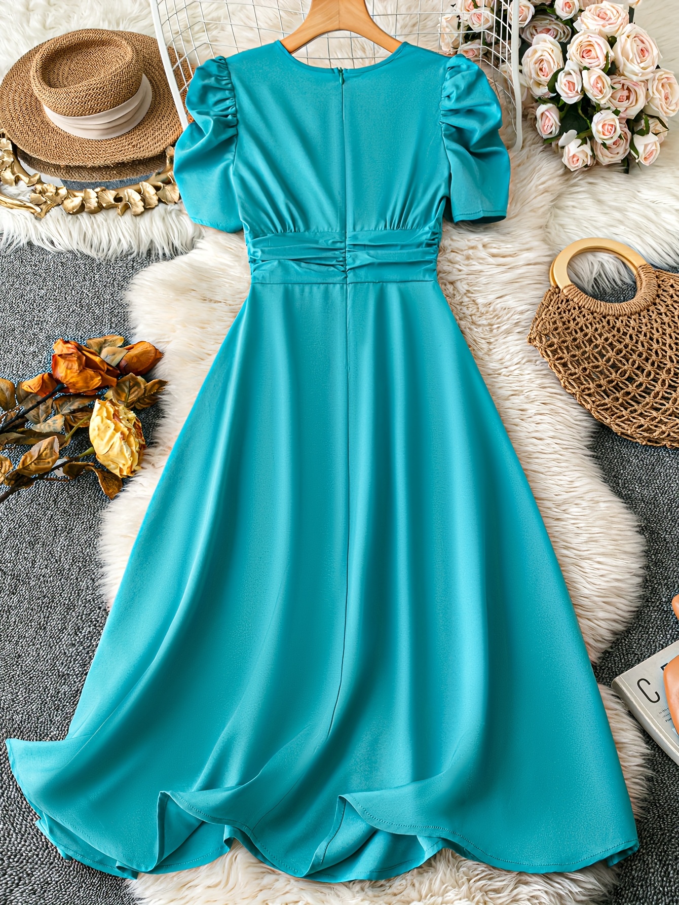 fashionable solid color v neck waist cinching puff sleeve - Temu