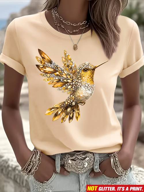 light luxury diamond hummingbird flat print short sleeve t shirt regular fit round neck spring summer womens wear casual lightweight breathable fabric suitable as a gift for daughters sisters birthdays