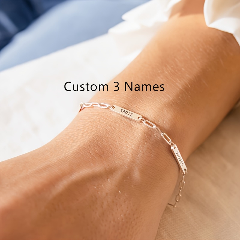 Image of Personalized Custom Engraving Name Women Bar Bracelet Stainless -3 Nameplate Pendant Paper Clip Chain Bracelet Jewelry Gift