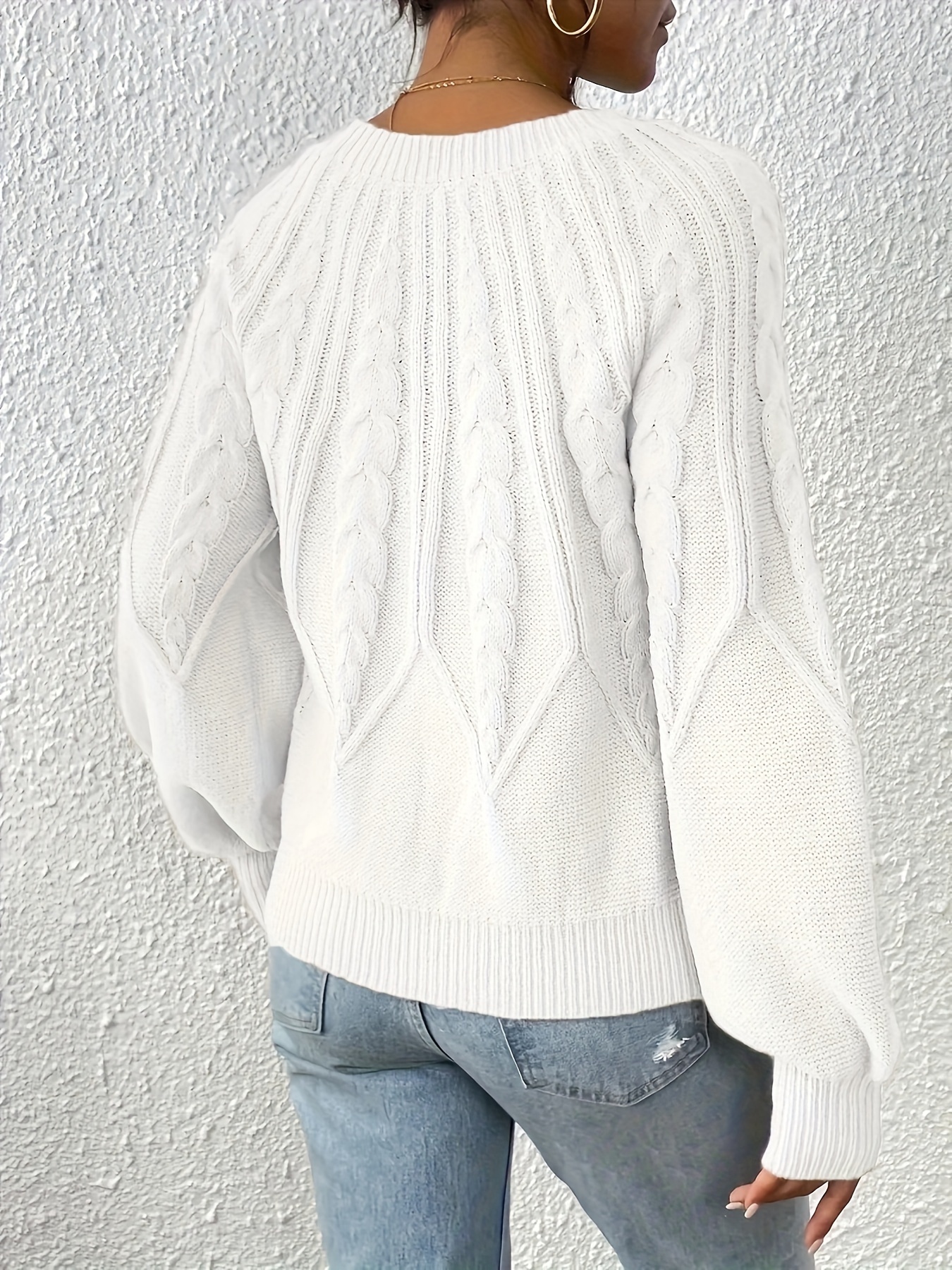 cable knit crew neck sweater elegant lantern sleeve knitted top for   womens clothing details 27