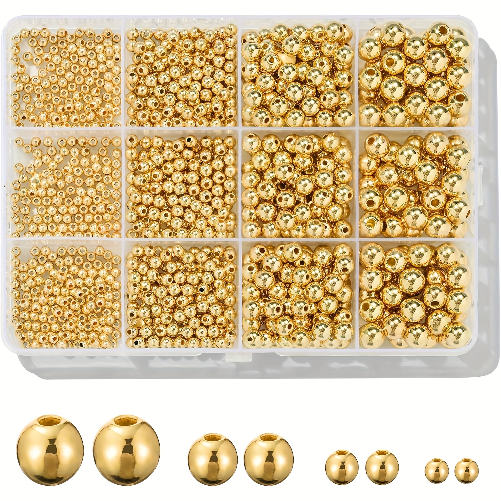 E-shop 1100-teiliges Perlen-Set, glatte runde Perlen 3/4/6/8mm, goldene silberne Abstandshalter, lose Kugelperlen, vergoldete Perlen für die