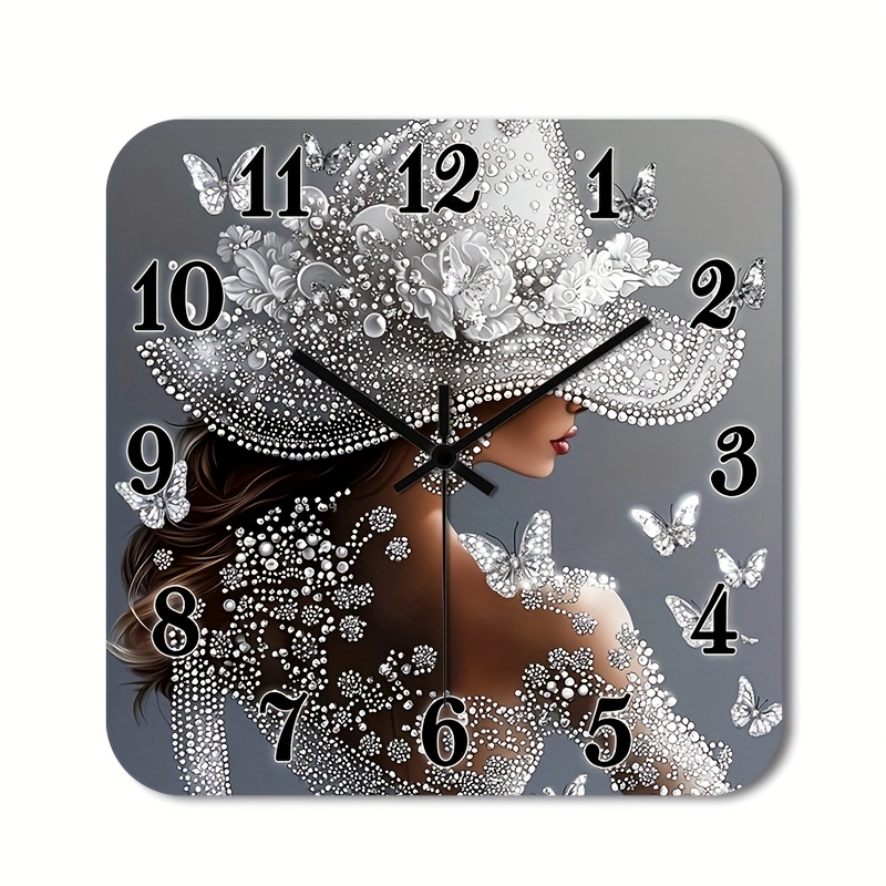 TEMU () 1pc Silent Wall Clock Non-ticking Wooden, Decorative Square Clock Hd Glossy Lamination Finish Fantasy Woman With Butterflies Design For