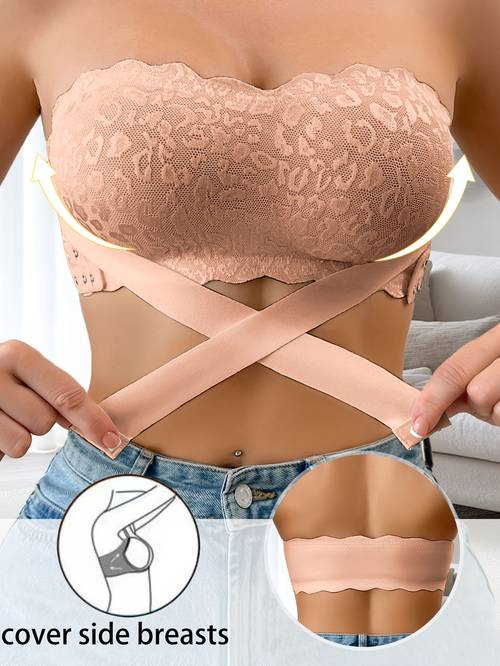 lace trimmed womens bra with front clasp and strapless casual comfortable and simple bodysuit enhances and has a