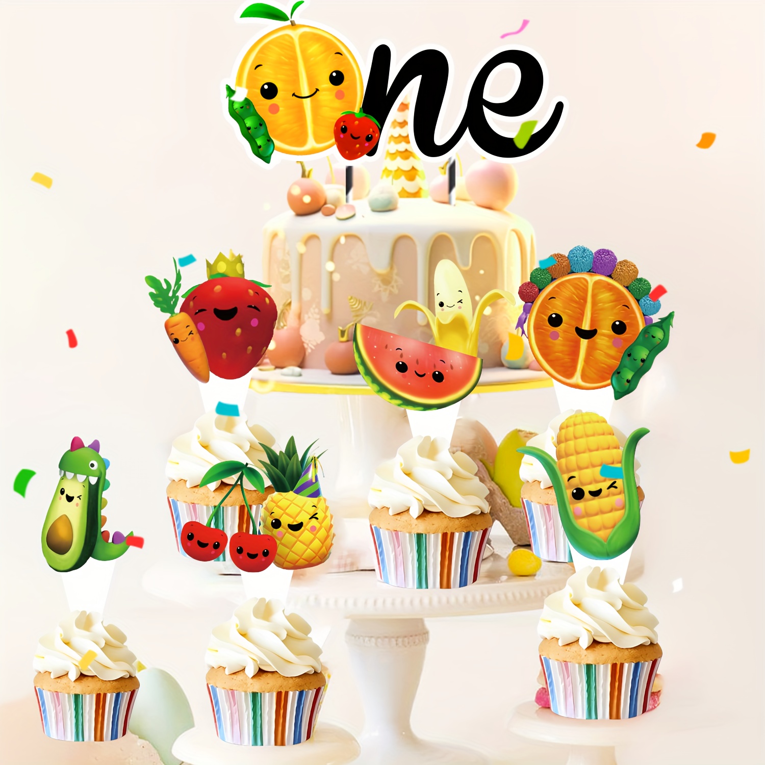 

49pcs Dancing Fruit Theme Birthday Cupcake Large Inserts Small Insert Decoration Dancing Fruit Cake Cupcake Toppers Birthday Party Supplies