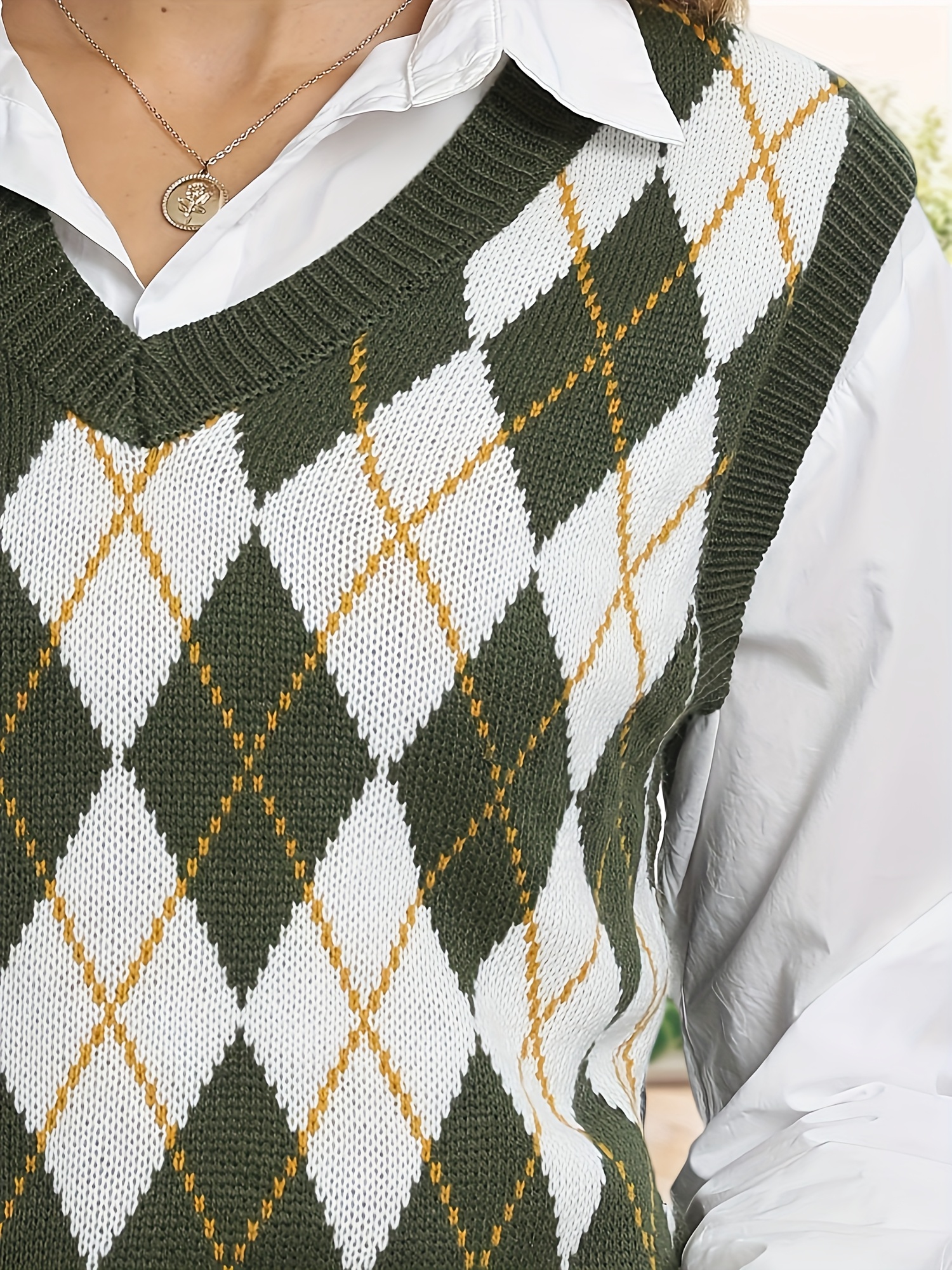 womens v neck knit sweater vest argyle preppy style Temu