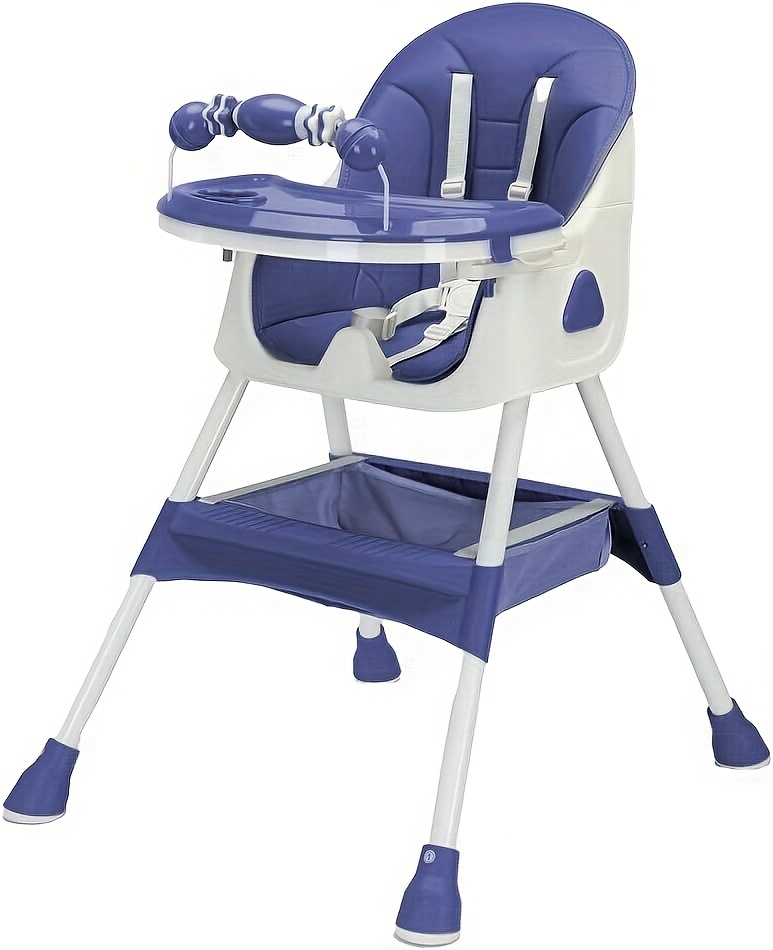 Adjustable Portable Dining Chair with 5-Point Harness, Tray & Wheels - Multi-Functional Eat, Drink & Play Seat with Ergonomic Backrest, Soft Cushioned Seat & Footrest - Modern Safety High Chair for Boys & Girls (Grey//Beige/Navy ) - Easy Assembly Required
