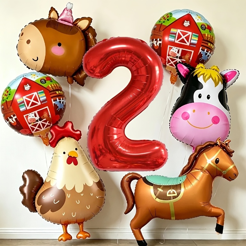 TEMU Juego de 7 globos de lámina de animales de dibujos animados de granja, , cabeza de caballo, , y de granja, adecuado para decoraciones de fiestas