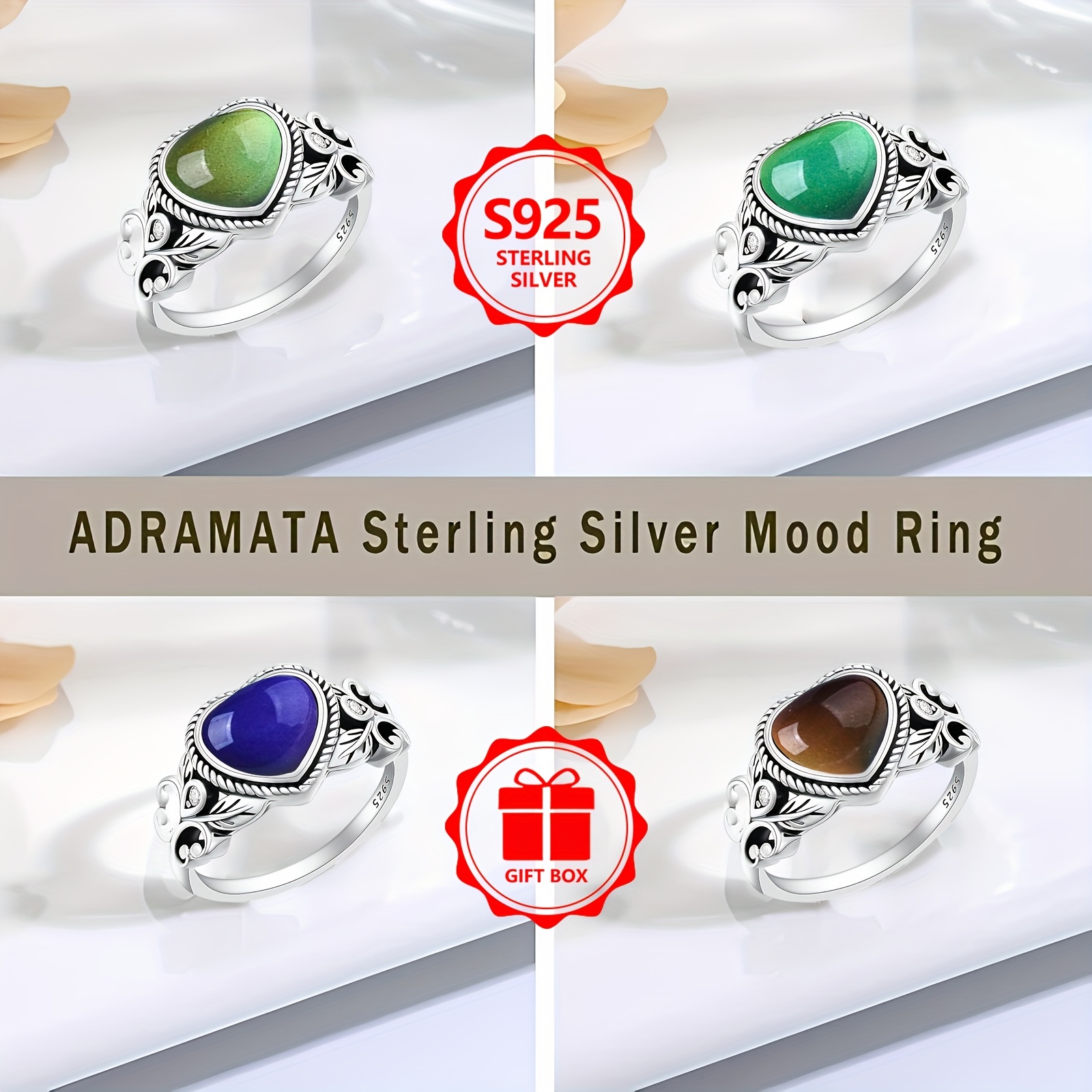 925 Sterling Silver Boho Mood Ring Heart Shape Hypoallergenic Gift