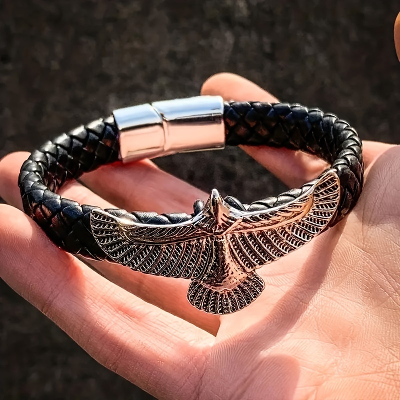 

Fashionable Eagle Bracelet For Men And Women - Vintage Style Magnetic Closure Braided Pu Leather Wristband Jewelry Gift