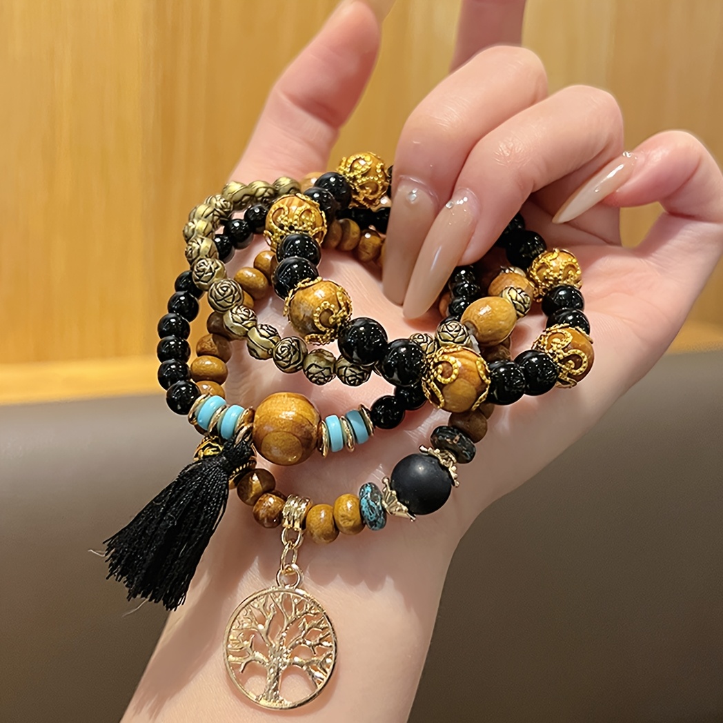 

4pcs/set Tree Of Life Pendant Multilayer Beaded Bracelet Round Bead Wooden Bead Bracelet Bohemian Ethnic Jewelry Accessories Handmade -a Stylish Accessory, Father's Day Gift