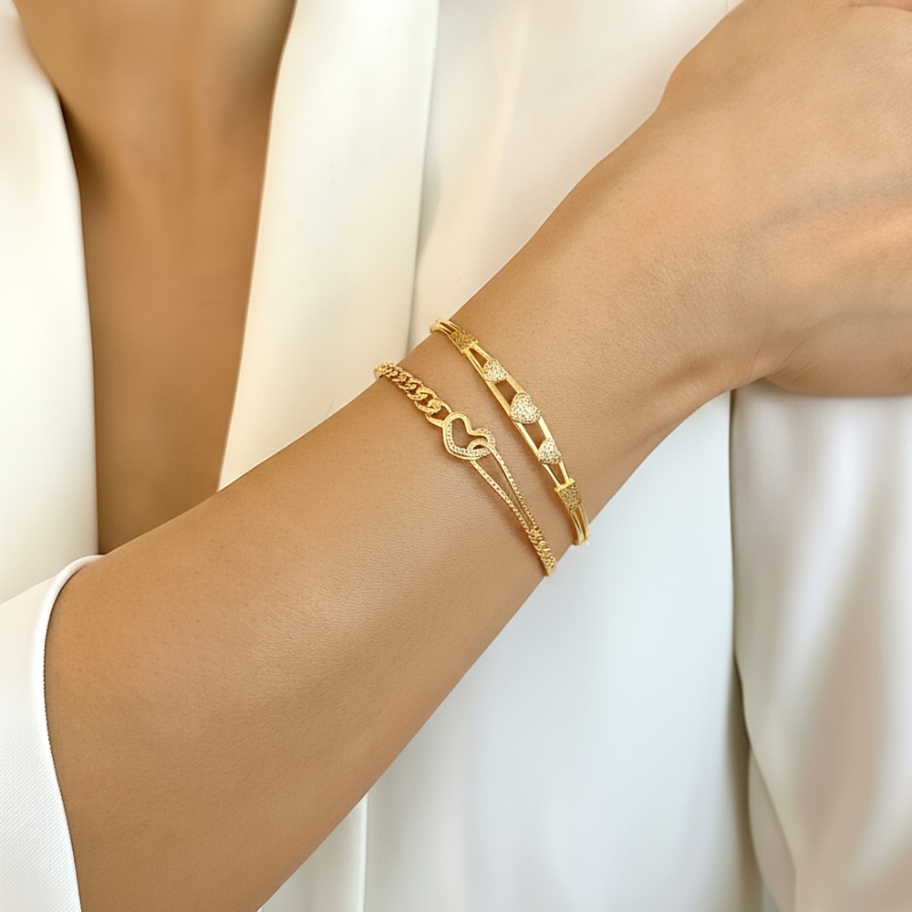 2pcs Romantic Hollow-Out Heart Bangle Set, Exquisite Design