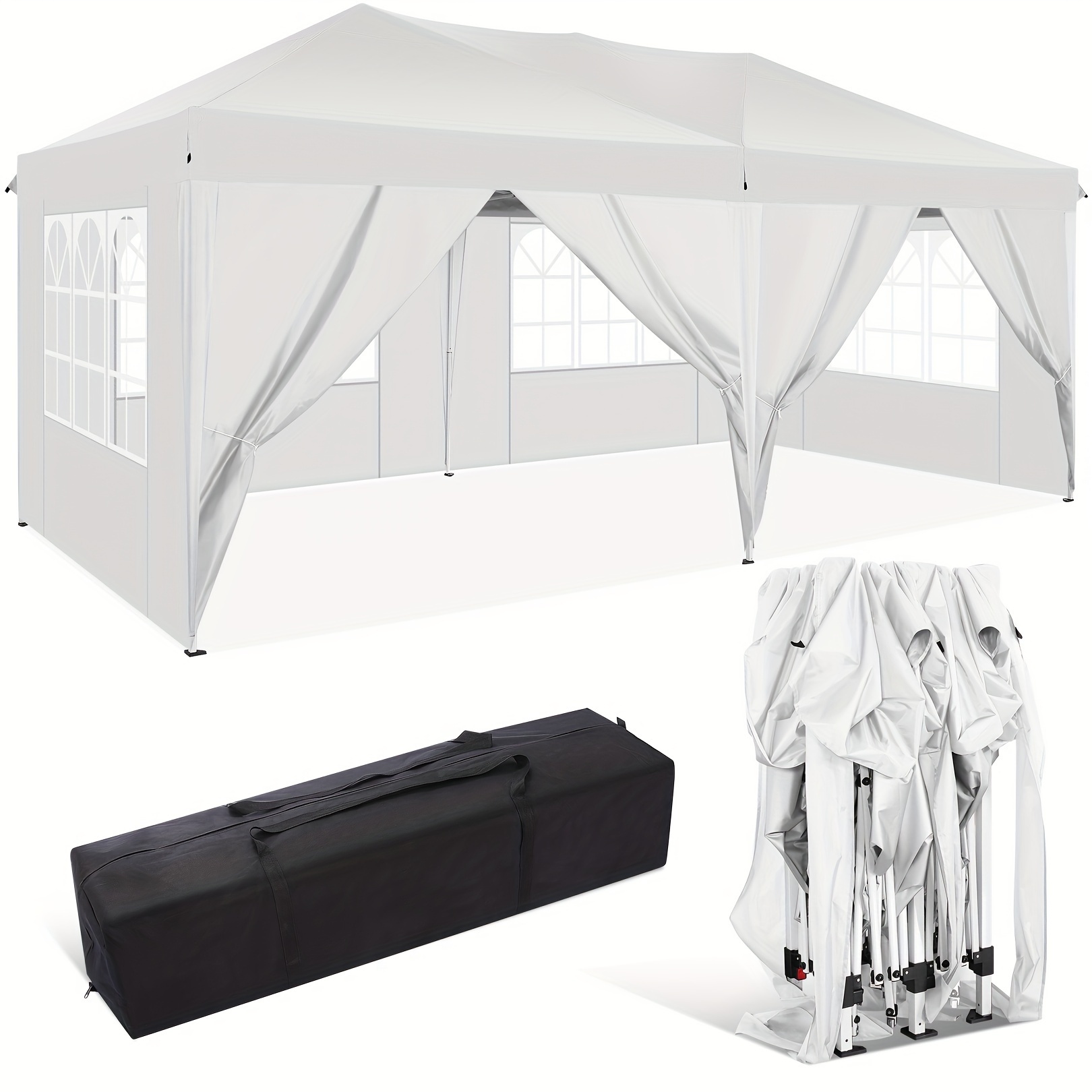 E-shop 3x6m Stabiler Gartenpartyzelt mit 6 Seitenwänden, mit oder ohne Sandsäcke, UV-Schutz-Gartenpavillon, Pop-up Camping-Pavillon für Hochzeit,